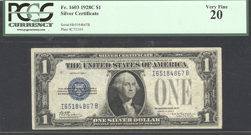 Fr.1603, 1928C $1 SC, I-B Block, VF, PCGS-20